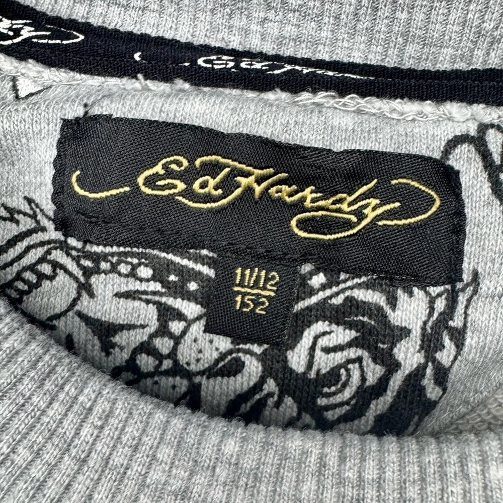 Ed Hardy Kids Crewneck Pullover Sweatshirt Gray Y2K Tattoo Print | Size 12